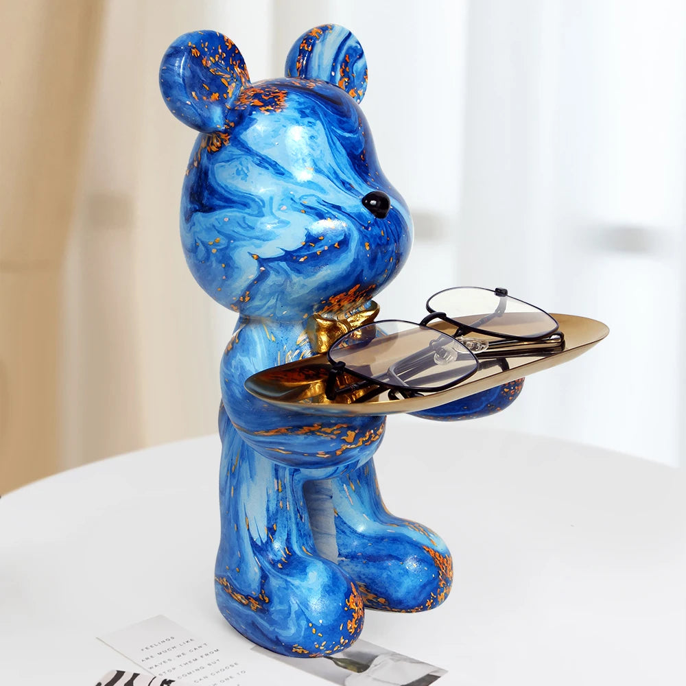 Decorative Statues Home Bear Bulter With Metal Tray Holder