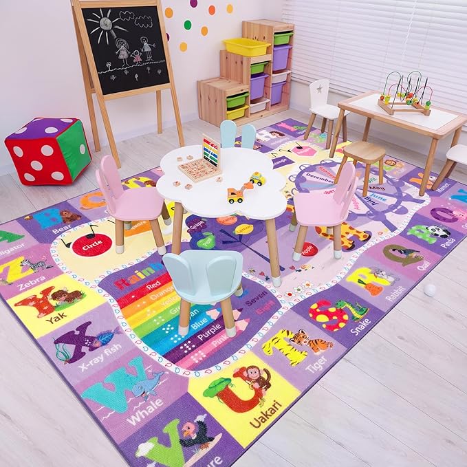 Kids Rugs for Playroom Bedroom Classroom Nursery, Non-Slip and Washable Rugs for Children Toddlers Girls, Educational and Fun Rug Carpets with ABC Alphabet Animals Shapes, 7x10, Purple