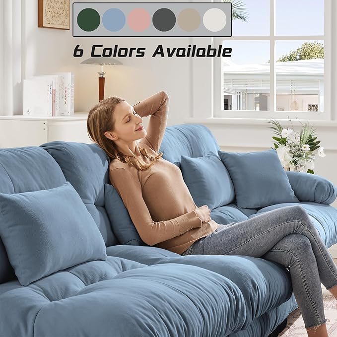 Modular Sectional Sofa, Comfy Cloud Couch 3 Seater Couch, Sectional Couches for Living Room, Modern Chenille Oversized Couches for Bedroom, Sleeper Deep Seat Sofa with Throw Pillows, Blue