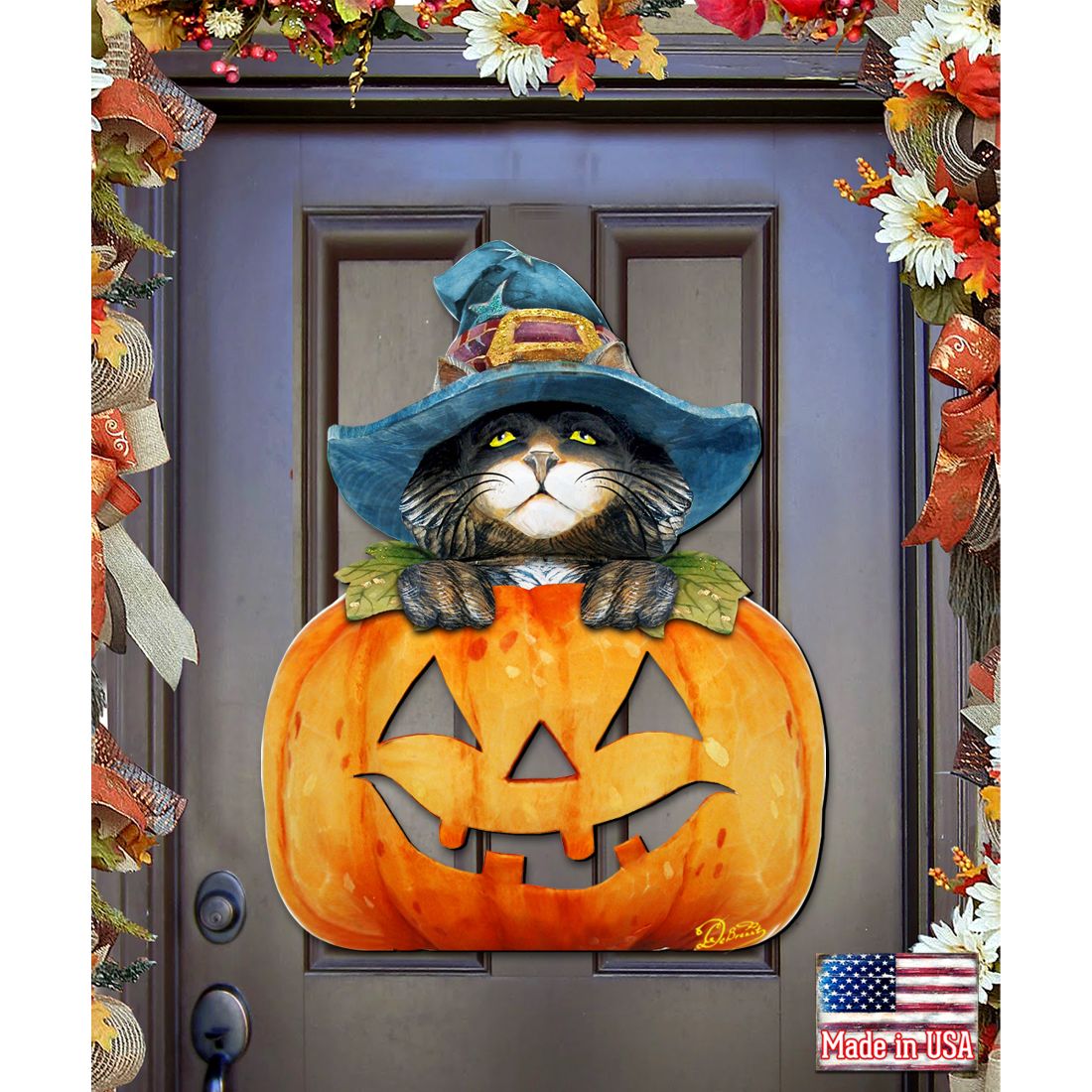 Black Cat pumpkin Halloween Door Decor by G. DeBrekht | Thanksgiving Halloween Decor - 8158416H-0