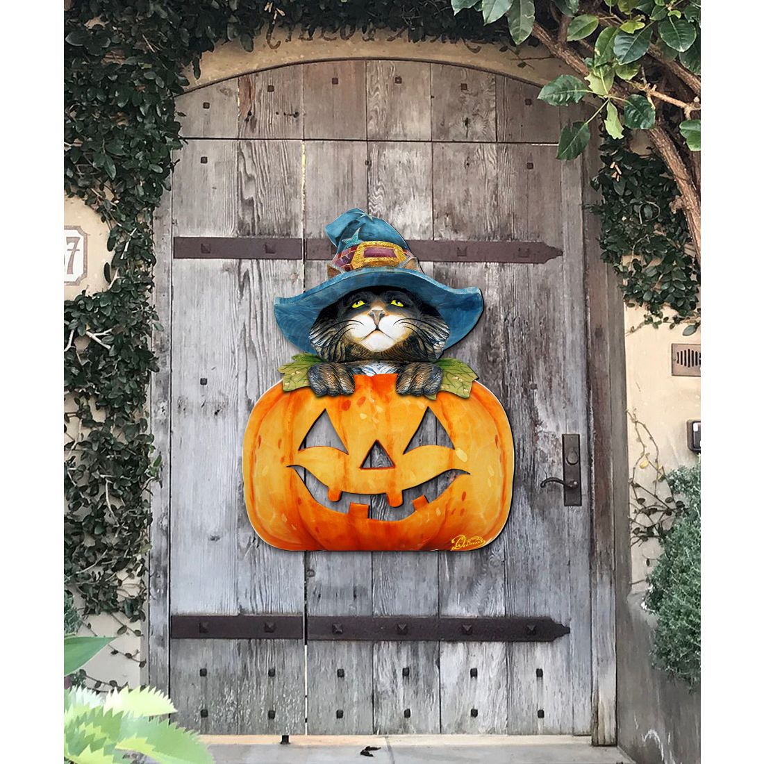 Black Cat pumpkin Halloween Door Decor by G. DeBrekht | Thanksgiving Halloween Decor - 8158416H-3