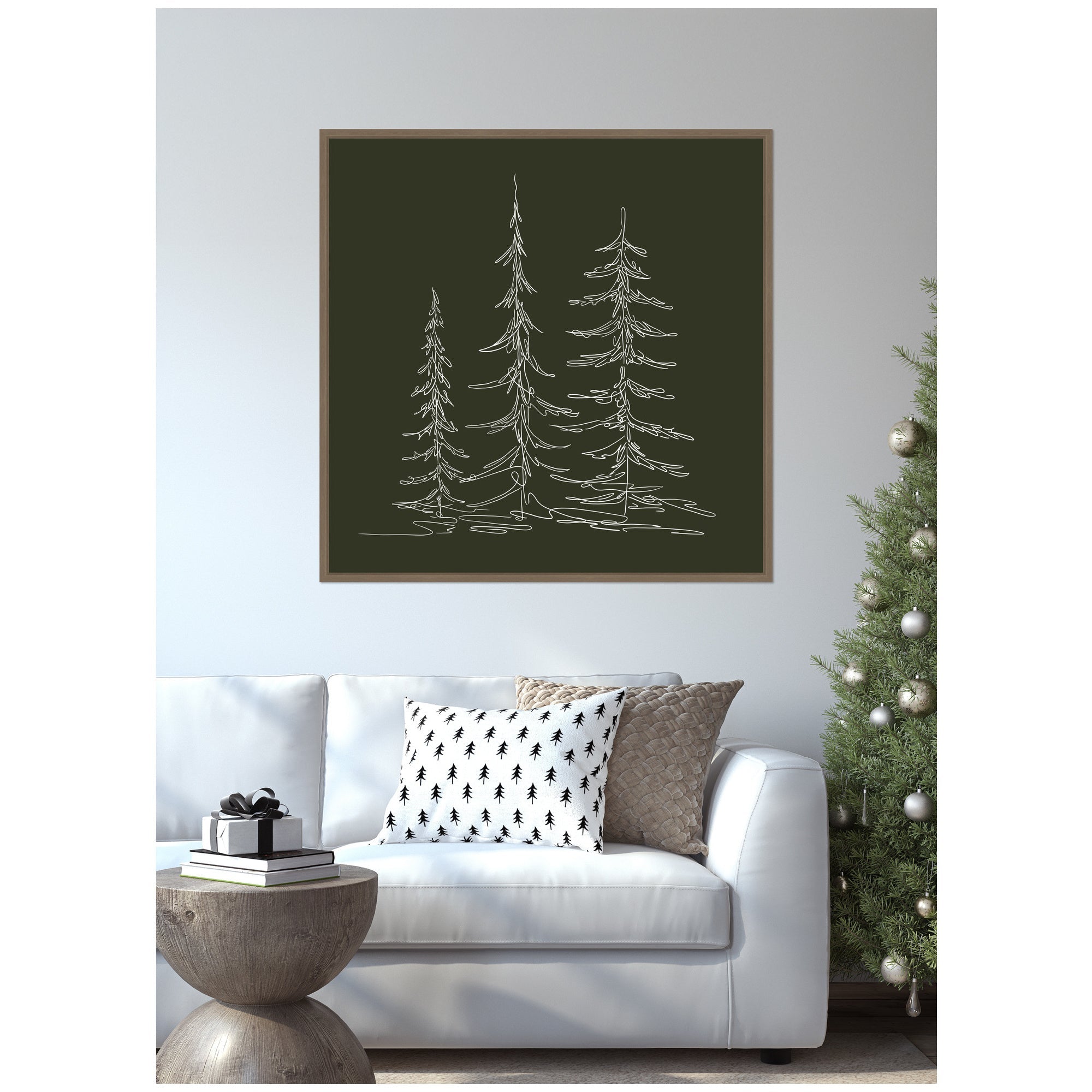 Sylvie Framed Canvas Minimalist Evergreen Trees Sketch Green by The Creative Bunch Studio