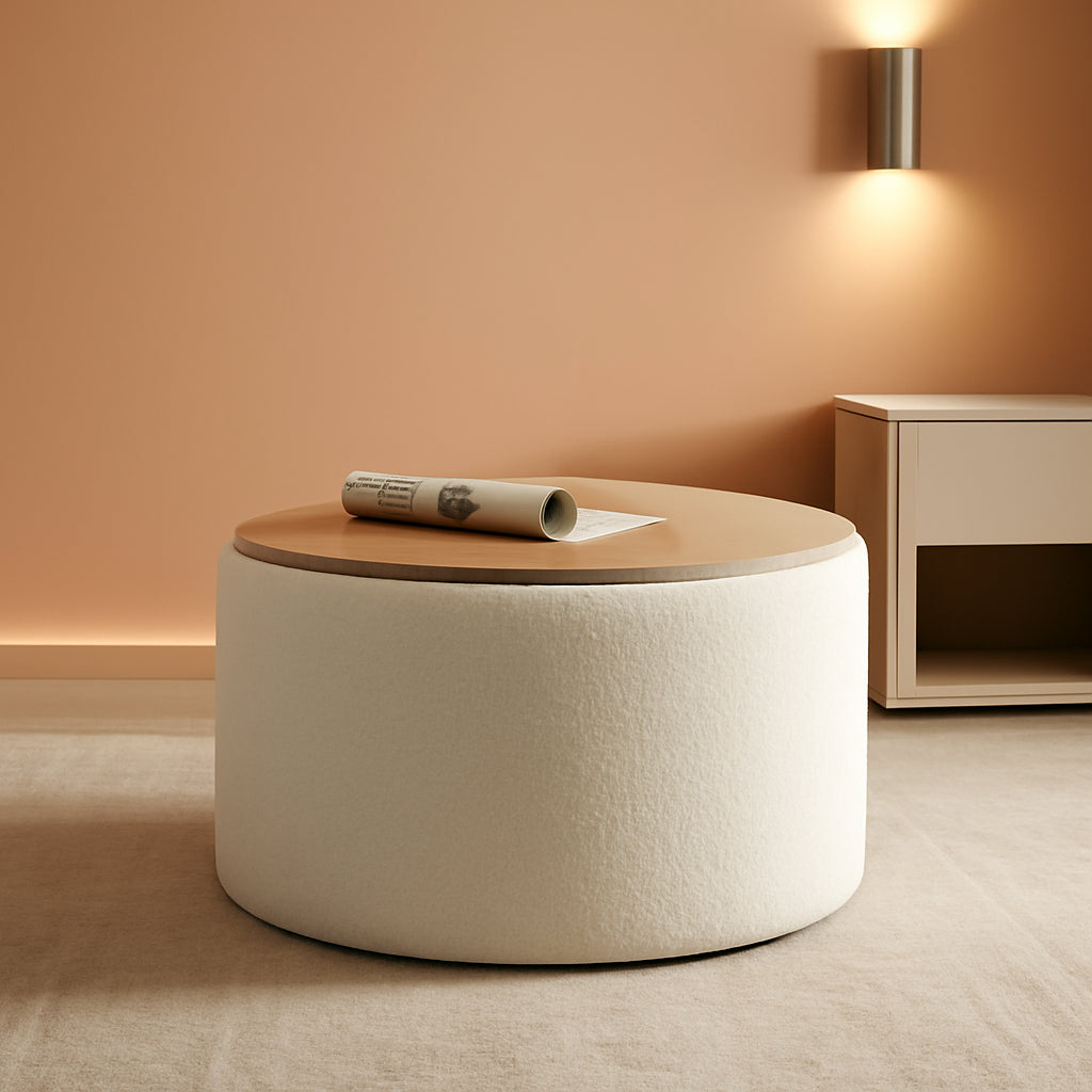 Circular Storage Ottoman With Wooden Lid Upholstered