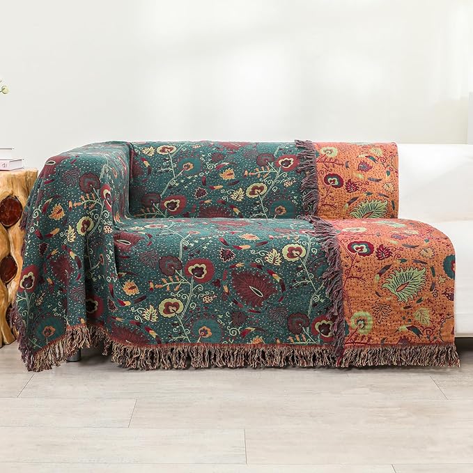 Boho Fall Throw Blanket for Bed，100% Ultra Cotton Soft Breathable Bed Throw Floral Printed Farmhouse Decor Rustic Bed Throws for Couch Sofa Quilt 90" x 98"