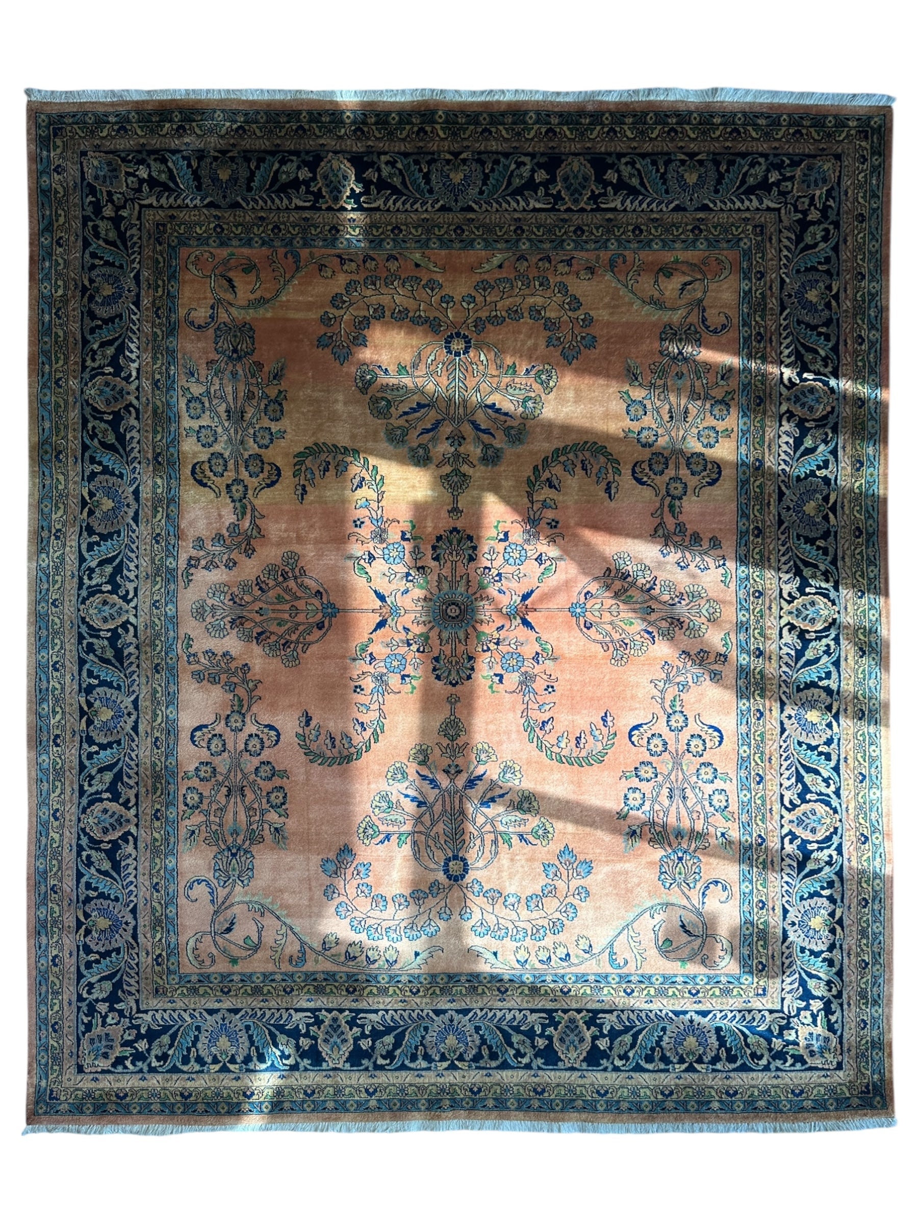 Hand-Knotted Indo-Sarouk Wool Rug – 8' x 10' – Peach Field with Navy Border