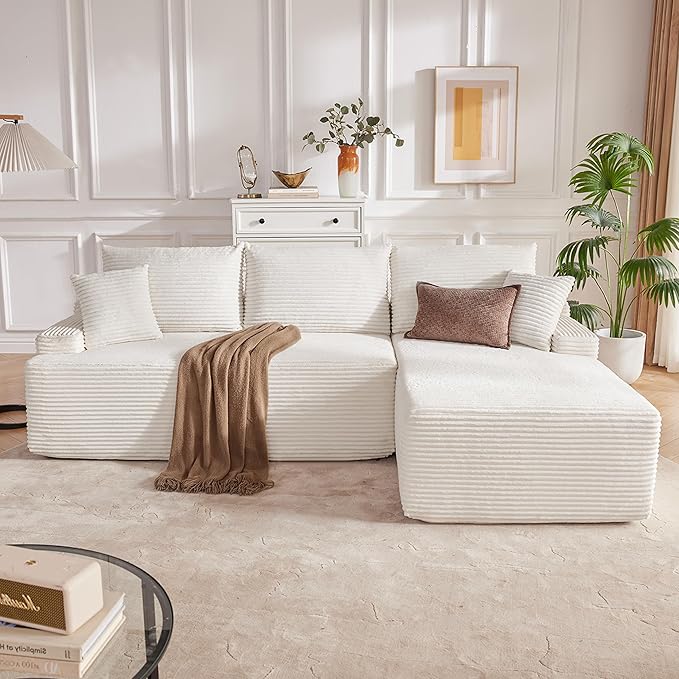 Cloud Sectional Sofa, Boneless Couch for Living Room, Modular Sectional Sofa with Deep Seat, Fluffy L-Shaped Comfy Couch with Right-Facing Chaise, No Assembly Required, Beige