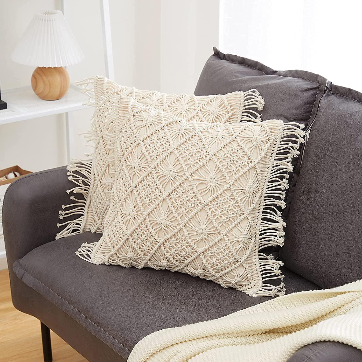Bohemian Macrame Cushion Cover | 45x45cm | Cream Cotton | Geometric Pattern | Fringed Edges - PRHOMZ