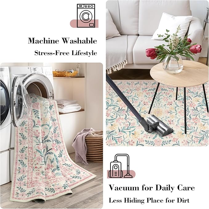 Wonnitar Machine Washable 5x7 Nursery Rug, Pink Rugs for Bedroom Girls, Boho Soft Floral Carpet Non Slip, Indoor Ultra-Thin Floor Carpet for Kid Room Living Room Dorm