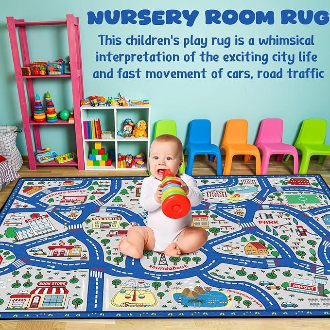 Kids Carpet Playmat Rug Player Car Rug,City Life Traffic Road Map Mat Educational Game Area Rug for Toddler Children Playroom Classroom Bedroom (Blue,6 x 9 ft)