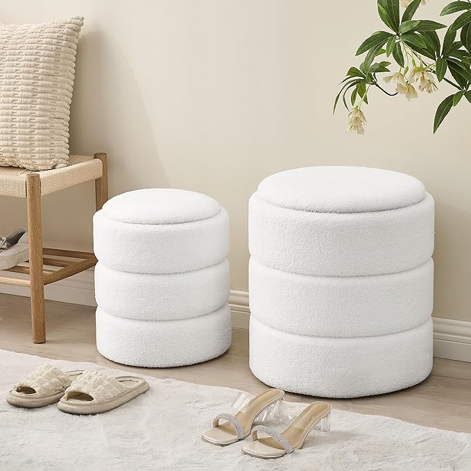 Round Ottoman with Storage Set of 2, Soft Teddy Velvet Upholstered Foot Stool Vanity Chairs, Support 330lbs Padded Seat Multifunctional Ottomans Footrest, Foot Rest for Living Room, White