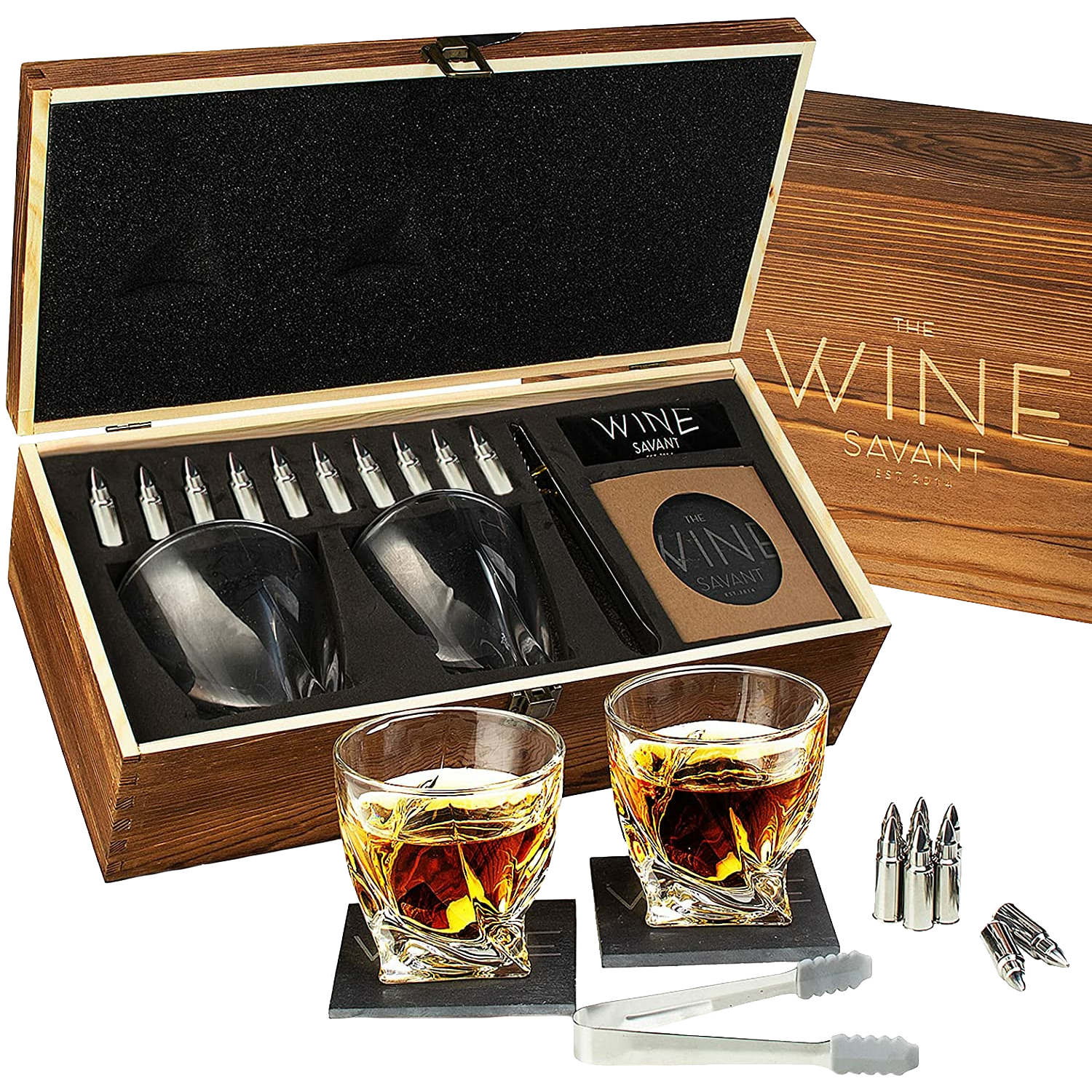 Luxurious Bar Gift Set - 2 Whiskey Glasses + 10 Bullets Chilling Stainless-Steel Whiskey Rocks - Slate Stone Coasters & Tongs - Set in Premium Wood Box by The Wine Savant - Birthday Gift - 11 oz Glass-0