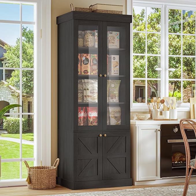 Vyre 71" Tall Farmhouse Bookshelves with Glass Doors, Set of 2 – Large Modular Bookcase with Adjustable Shelves, Storage Cabinet for Living Room, Kitchen, Home Office, Black