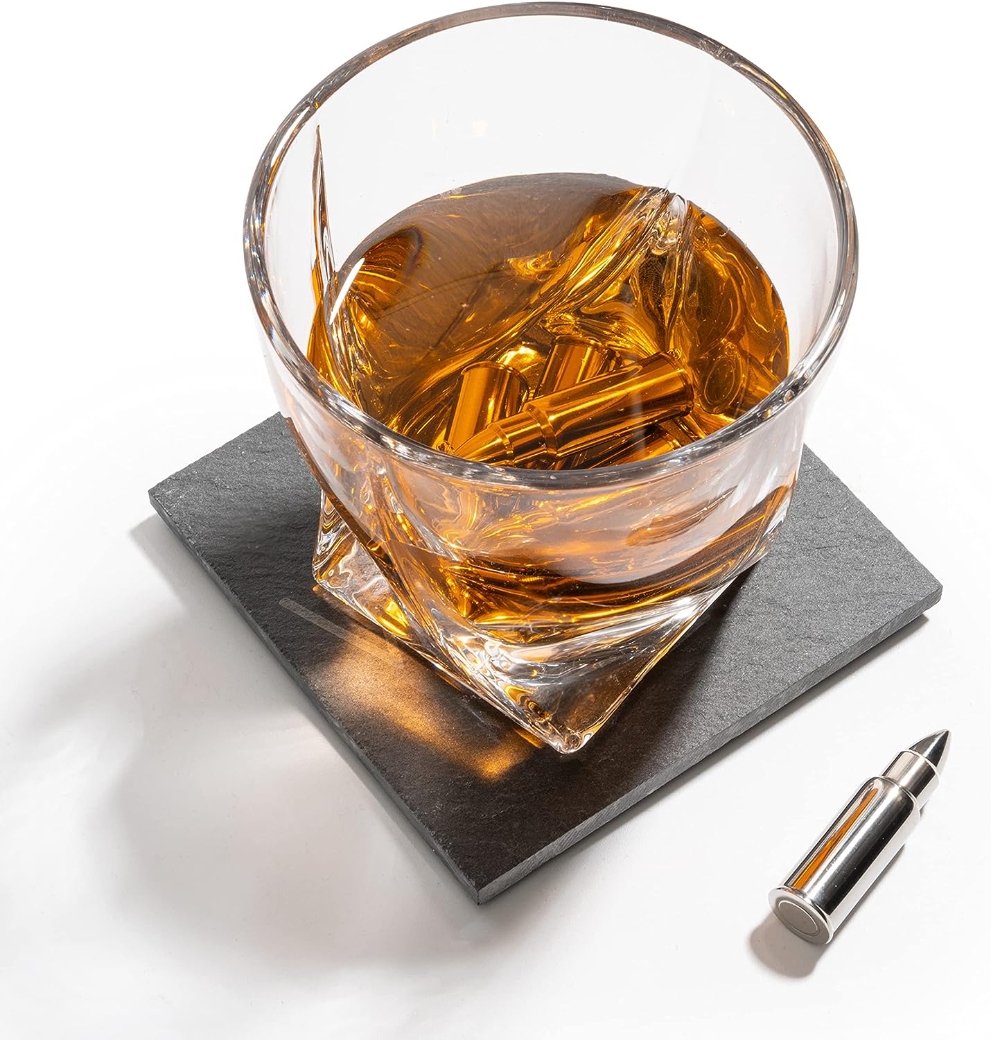 Luxurious Bar Gift Set - 2 Whiskey Glasses + 10 Bullets Chilling Stainless-Steel Whiskey Rocks - Slate Stone Coasters & Tongs - Set in Premium Wood Box by The Wine Savant - Birthday Gift - 11 oz Glass-4