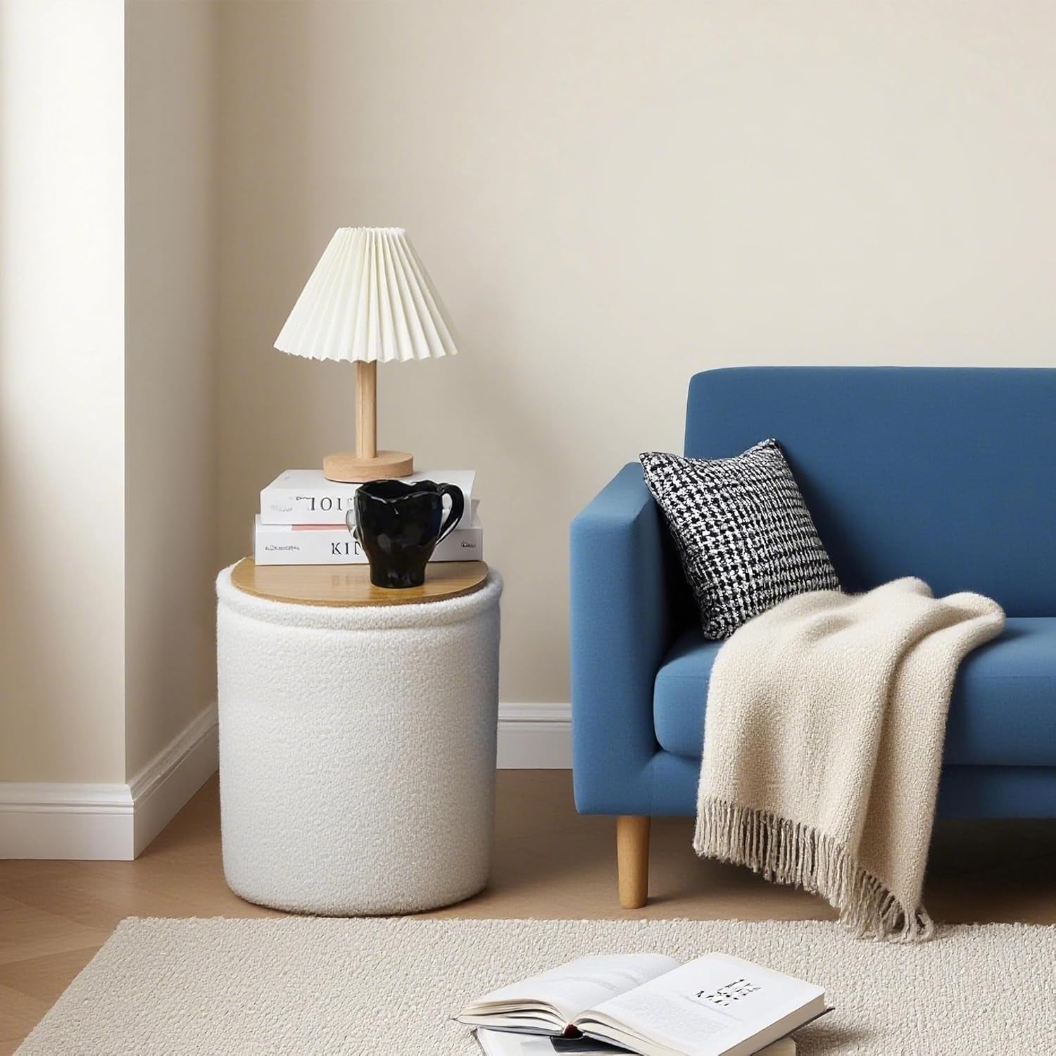 Round Storage Ottoman Reversible Tray Lid Ivory White