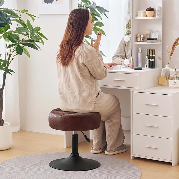 Furniliving Mid-Century Tufted Adjustable Swivel Makeup Ottoman Stool; Modern Big Size Round Vanity Stool Chair for Bedroom Living Room (Darkbrown)