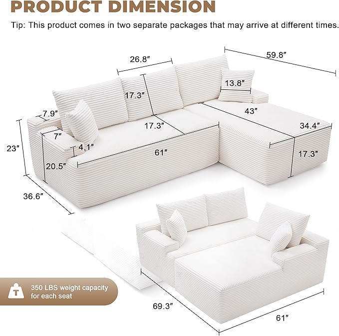 Cloud Sectional Sofa, Boneless Couch for Living Room, Modular Sectional Sofa with Deep Seat, Fluffy L-Shaped Comfy Couch with Right-Facing Chaise, No Assembly Required, Beige