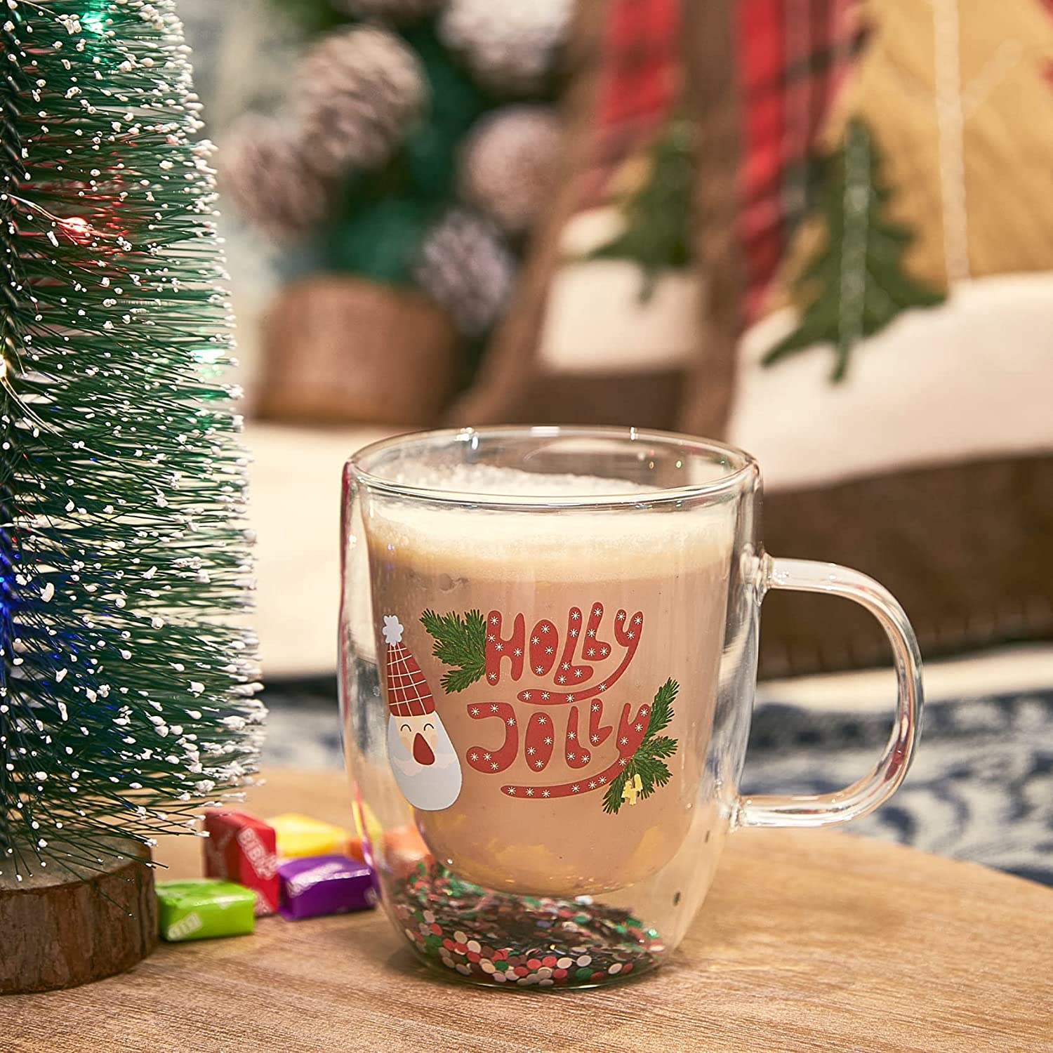 Set of 2 Holly Jolly Christmas Design Tumbler Mugs - Confetti Filled 9.5 oz Decorated Christmas Glass - Perfect for Wine, Eggnog, Cocoa, Holiday Parties & Festivities - 4.25" High, 9.5 oz Capacity-0