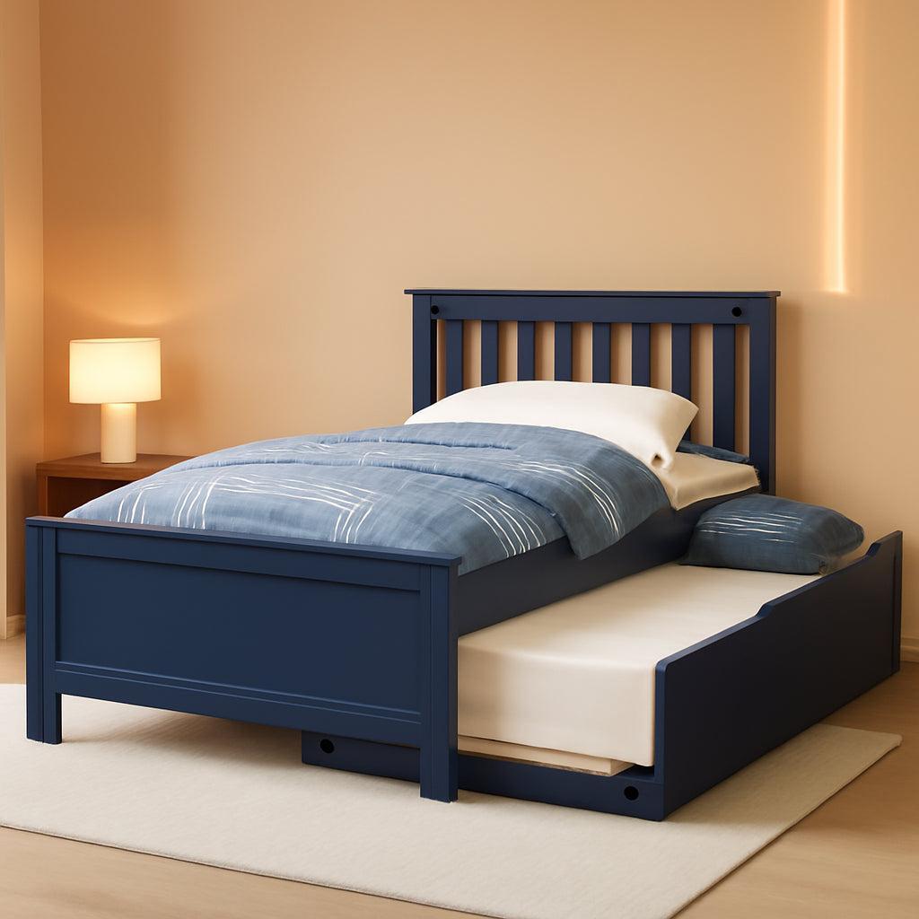 Blue Twin Bed Frame With Trundle Slatted Headboard
