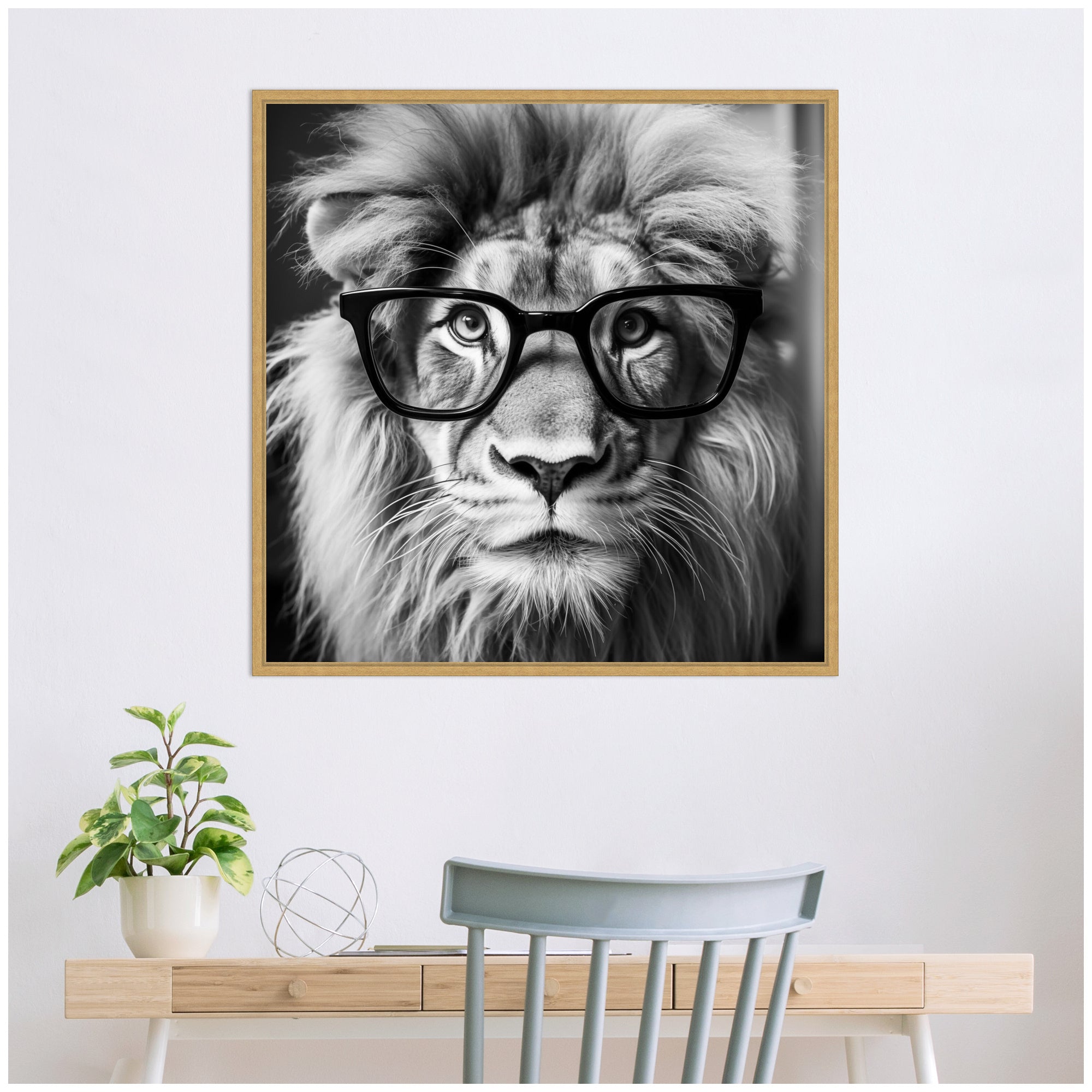 Sylvie Black and White Lion in Reading Glasses Framed Canvas by The Creative Bunch Studio