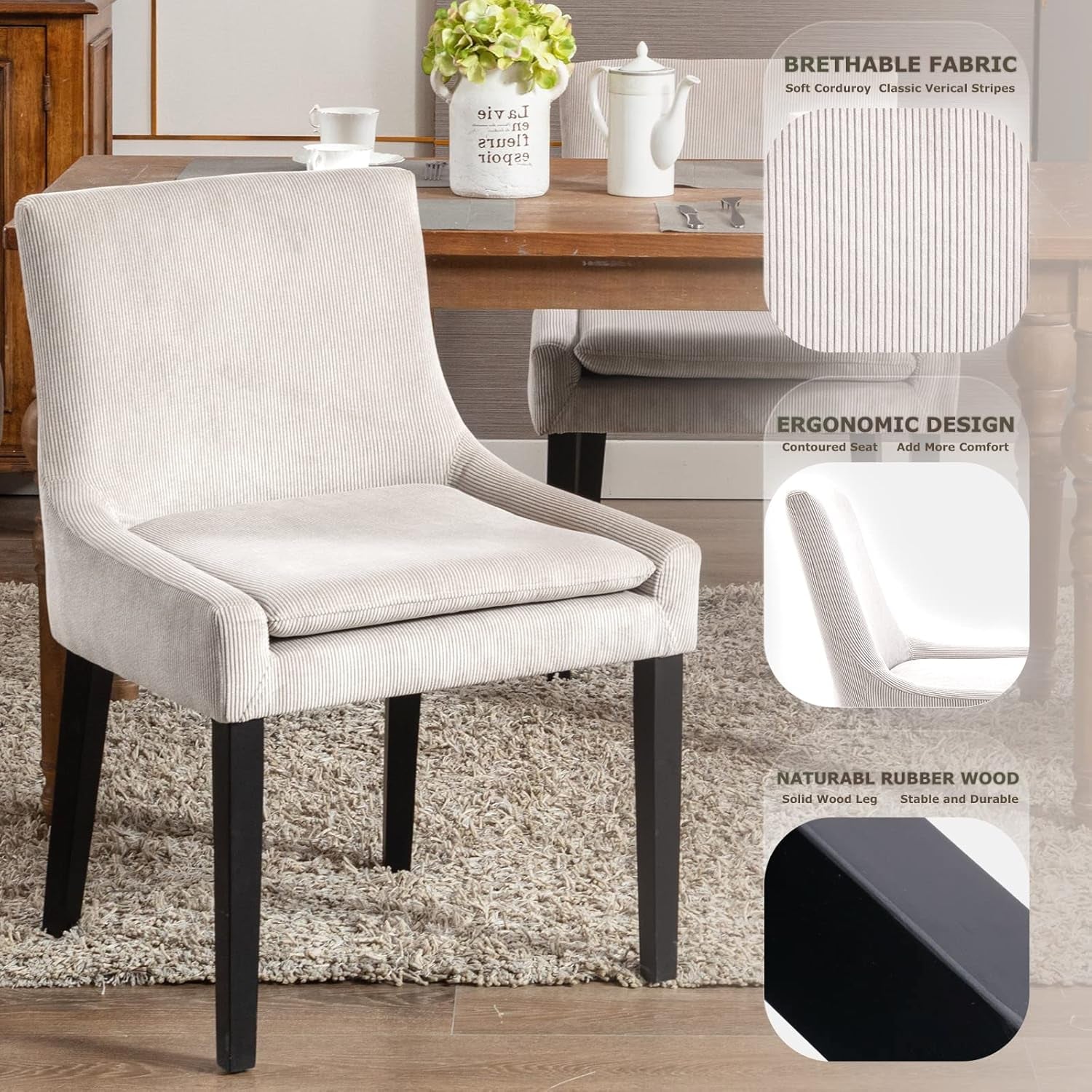 Beige Upholstered Corduroy Dining Chairs Bundle Four
