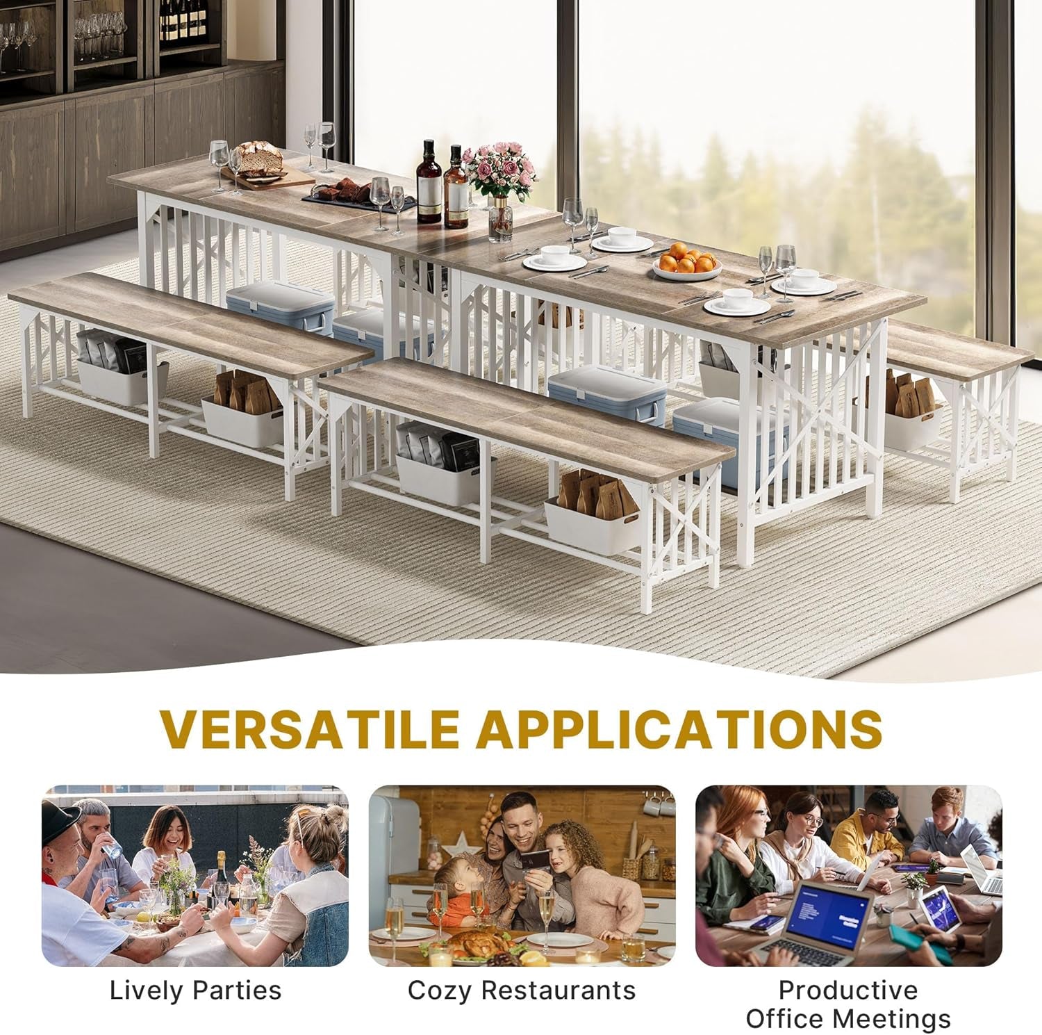 Sixty Three Inch Washed Grey Industrial Style Storage Dining Table