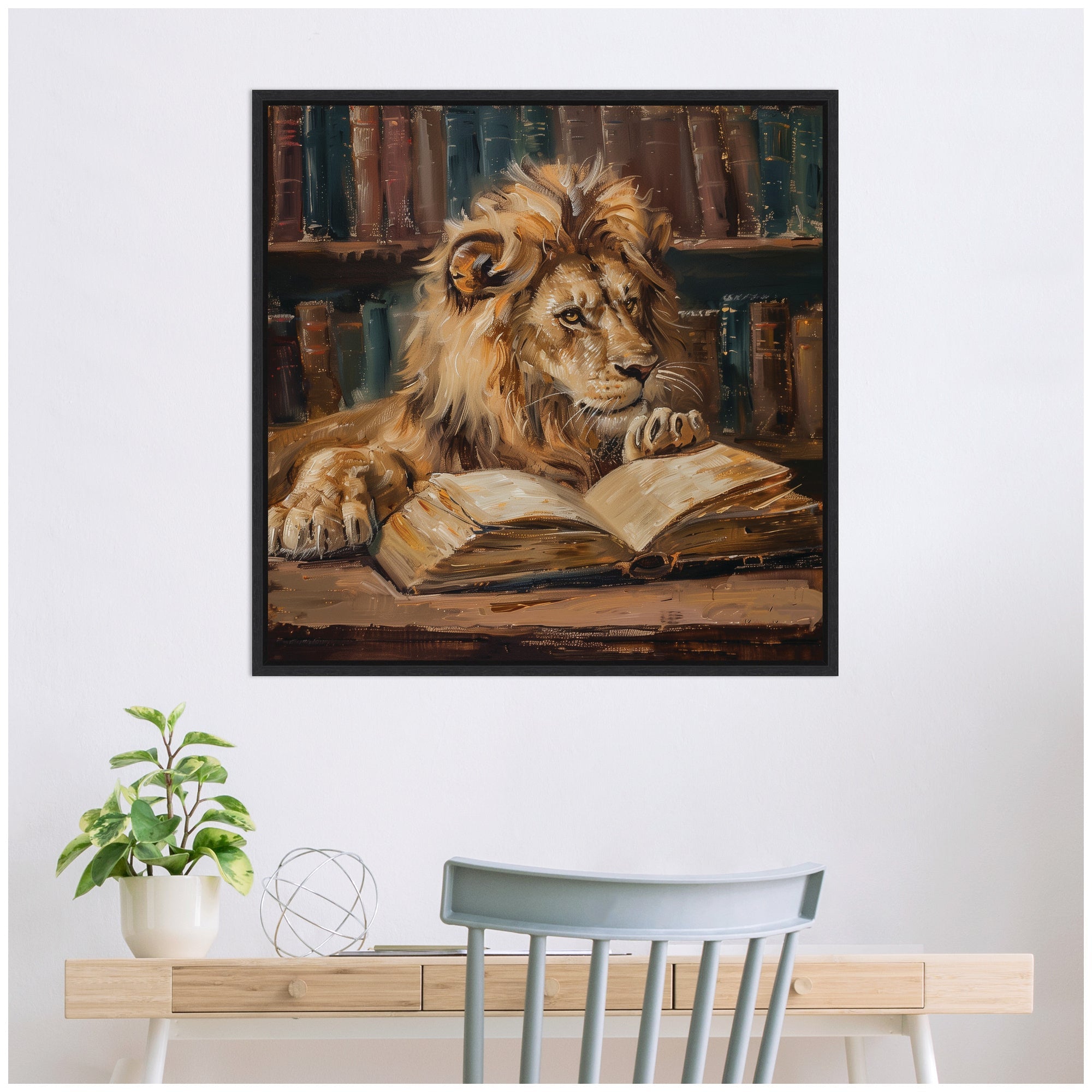 Sylvie Traditional Lion Reading in Library Framed Canvas by The Creative Bunch Studio