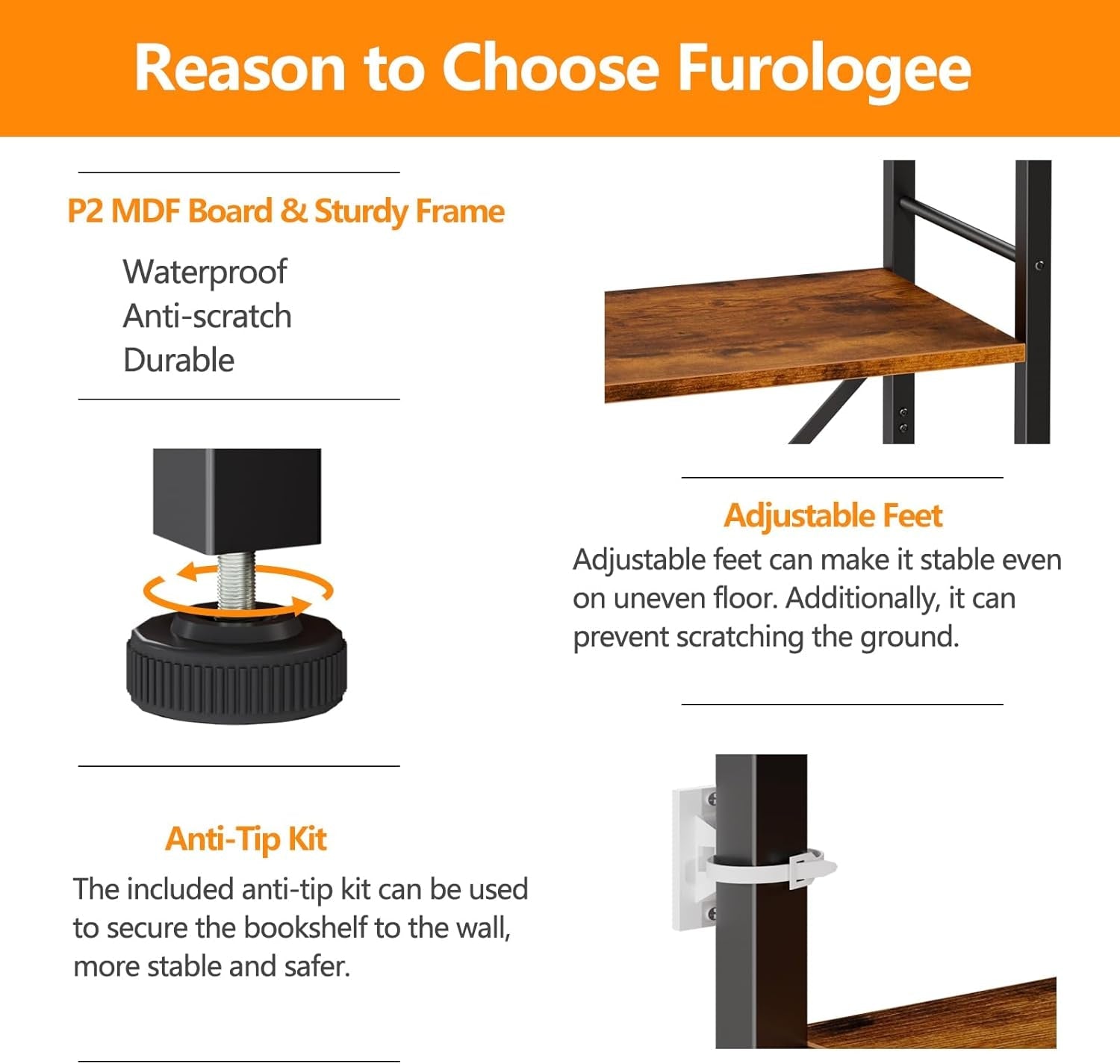 Tall Industrial Bookcase 6 Tier Rustic Brown Storage