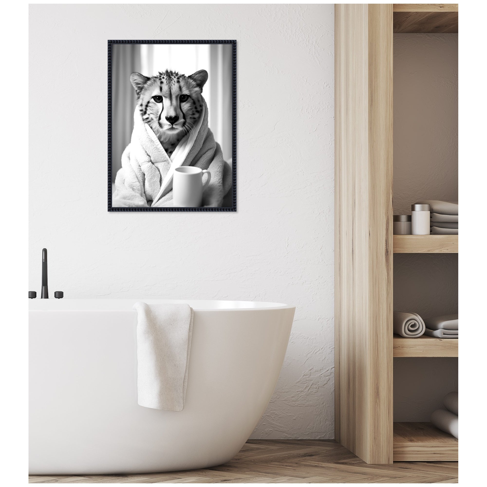 Sylvie Cheetah Bathroom Art Towel Robe Black and White Framed Canvas by The Creative Bunch Studio