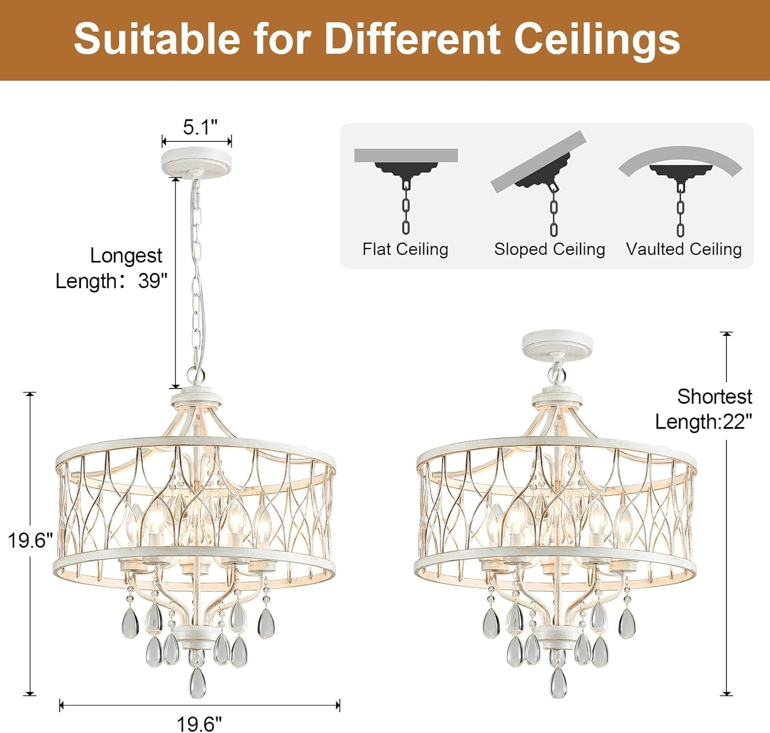 Five Light Crystal Chandelier White Finish Fixture-4