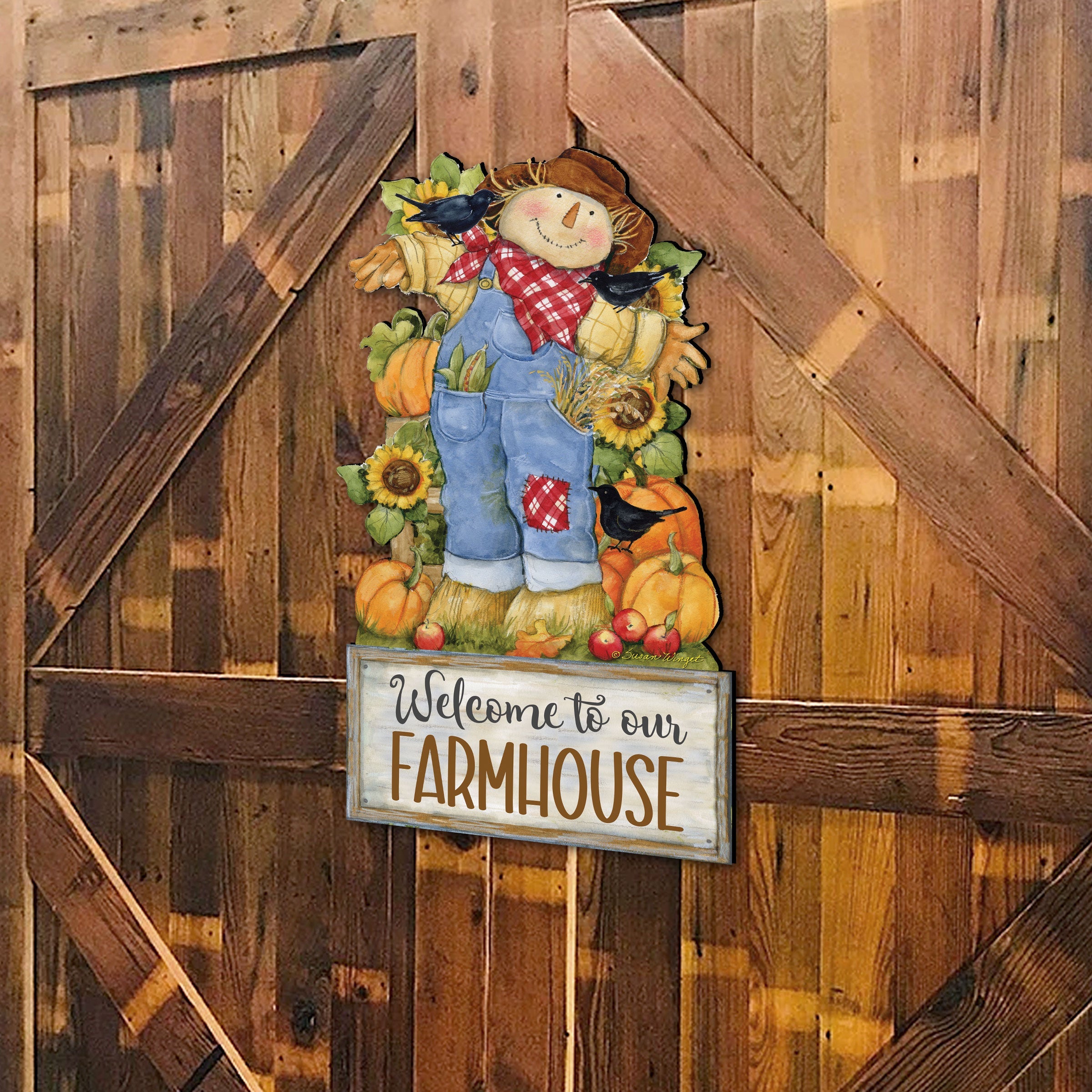 Farmhouse door hanger fall Decoration | Harvest Scarecrow Welcome sign| Handmade Gift | Autumn Adornment - 8471211-2H-SW-3