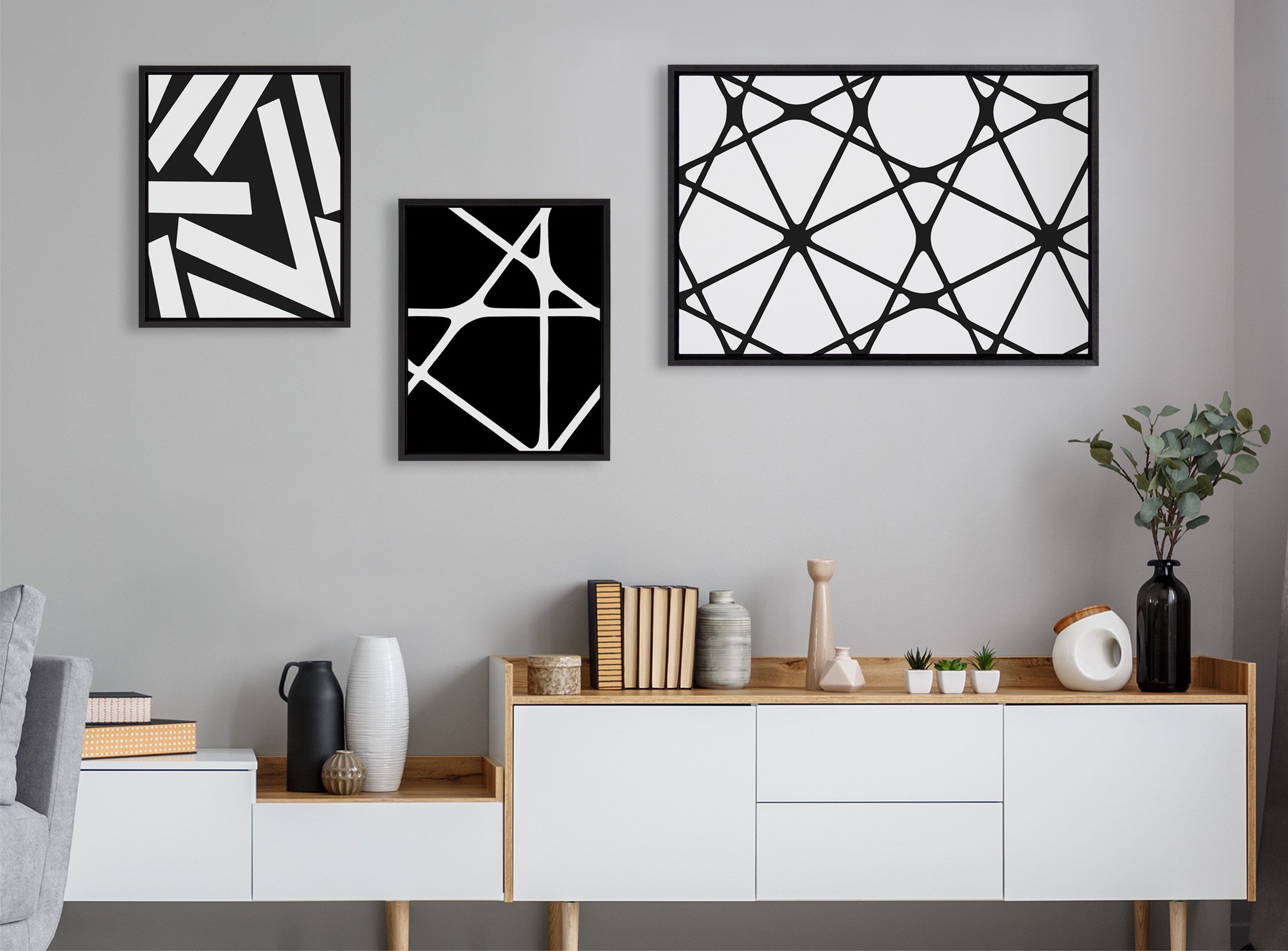 Sylvie Elevated Modern Black and White Minimalist Pattern No 1, 2 and 3 Framed Canvas by The Creative Bunch Studio