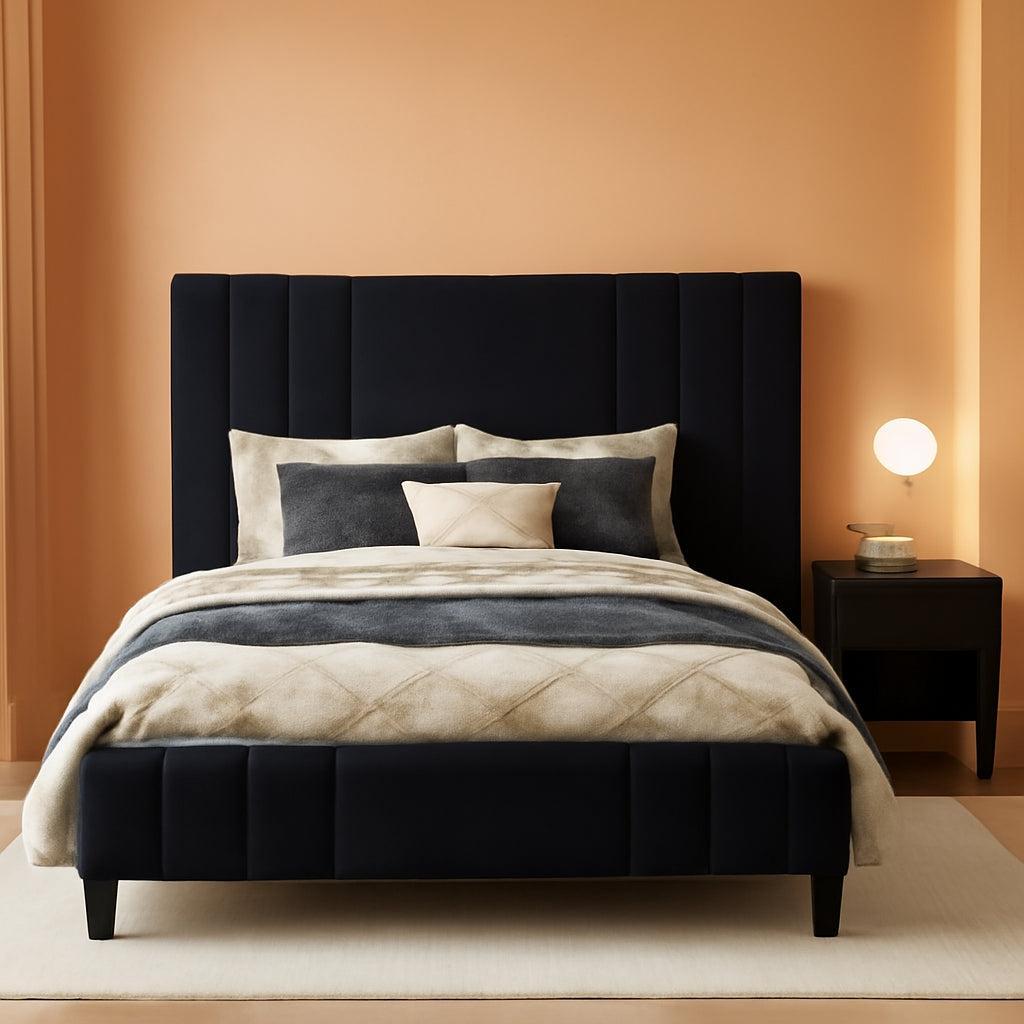 Velvet Queen Platform Bed Frame With Tufted Black Headboard