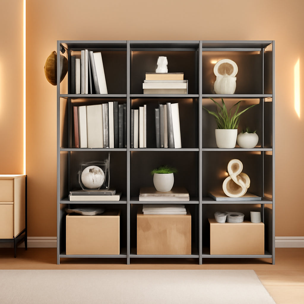 12 Cube Grey Metal Bookcase Storage Organizer Home Office