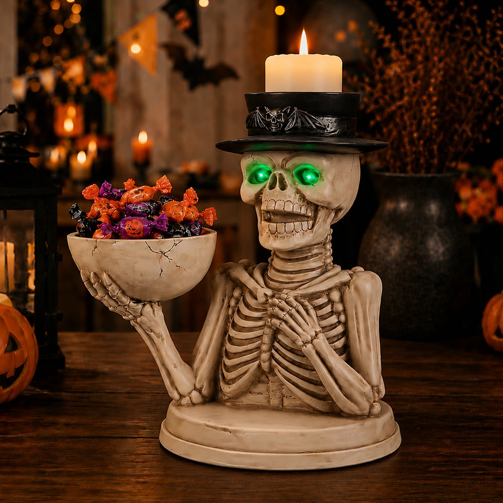 Halloween Skeleton Figurine with Storage Bowl & Candle Holder