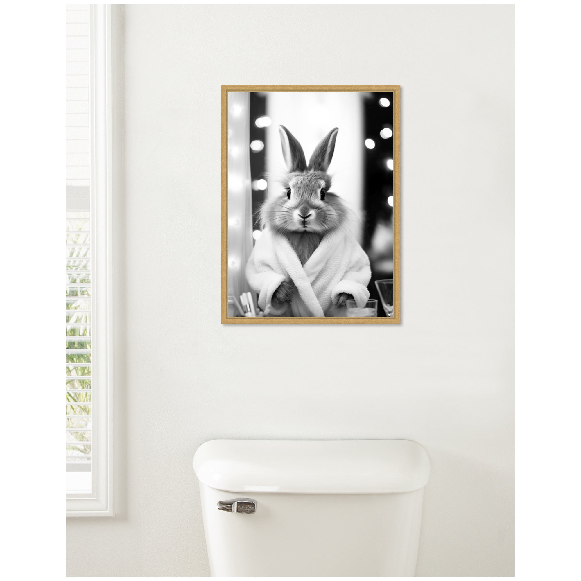 Sylvie Bunny Glam Bathroom Art Towel Robe Black and White Framed Canvas by The Creative Bunch Studio