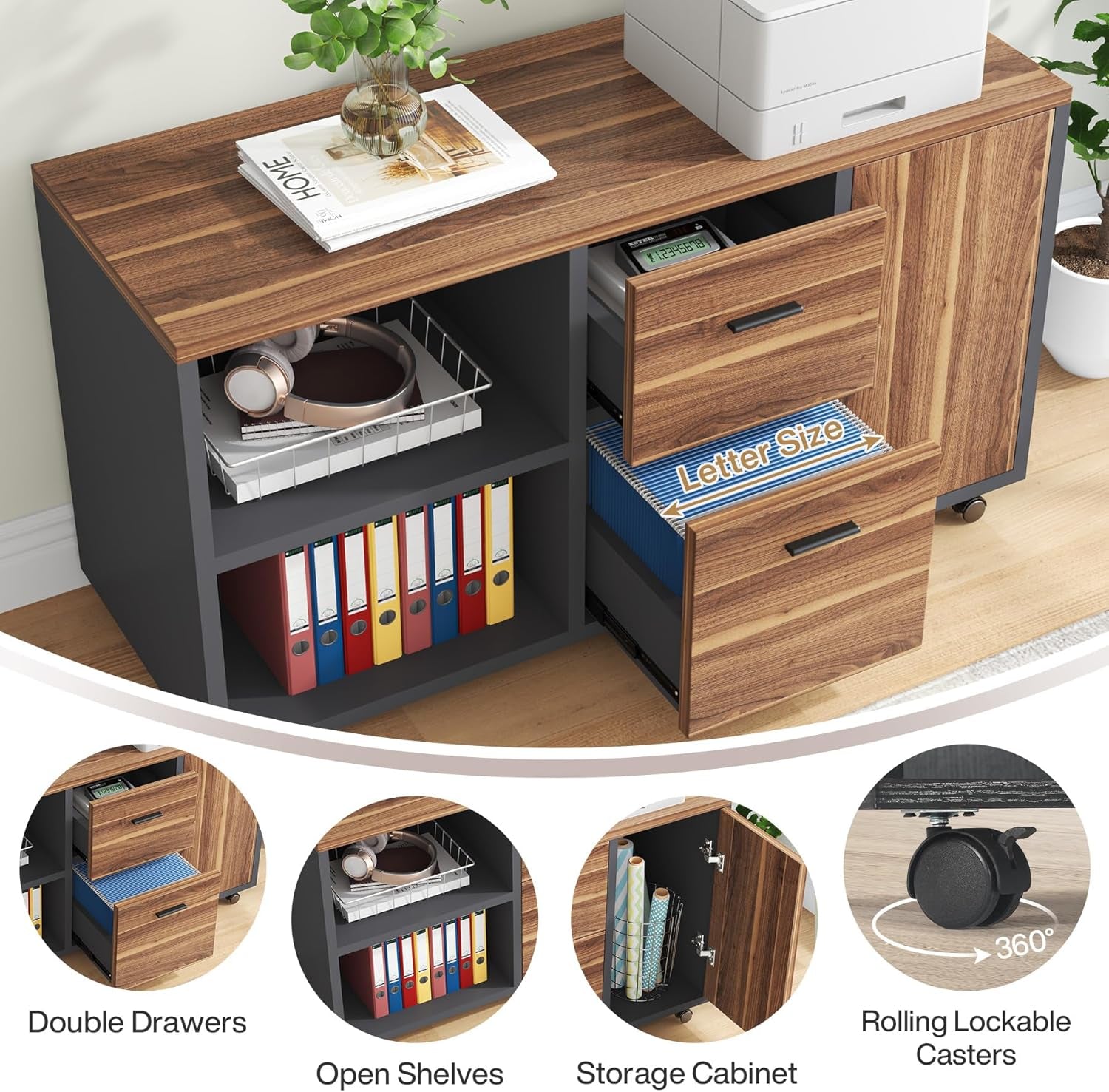 71 Inch Walnut Executive L Shaped Desk With File Cabinet