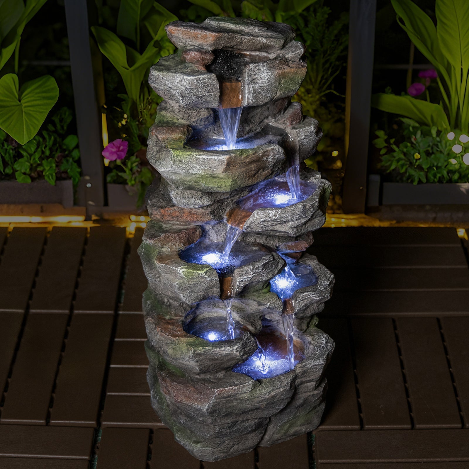 Rock Waterfall Outdoor Fountain with LED Lights