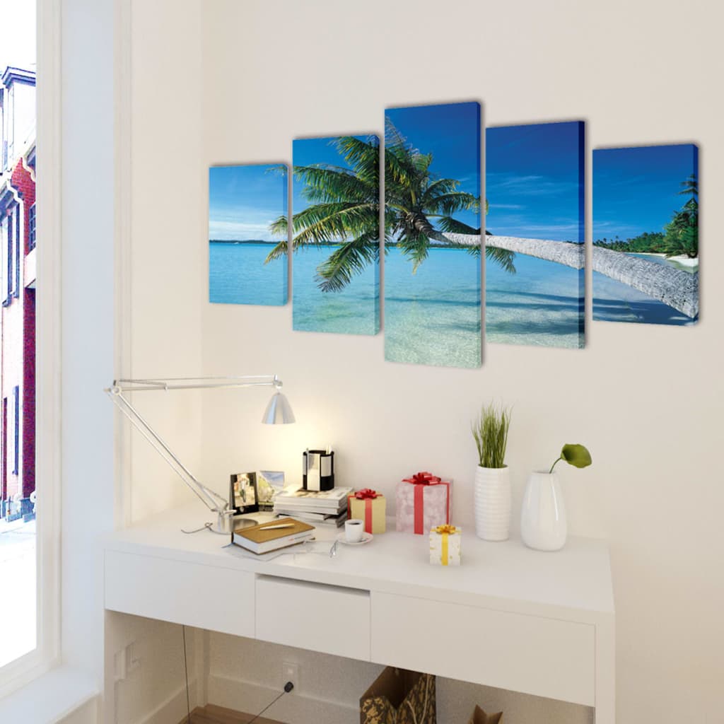 vidaXL Canvas Wall Print Set Sand Beach with Palm Tree 79" x 39"-0