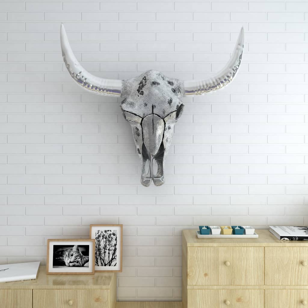 vidaXL Skull Head Decoration Wall-Mounted Aluminum Silver-1