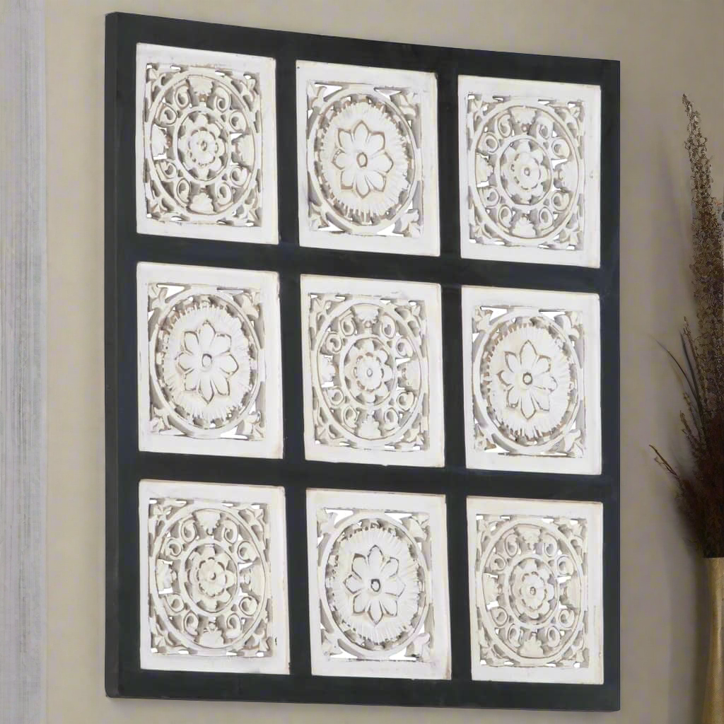 Wall Panel Decorative Panel with Hand-Carved Design Framed Wall Art