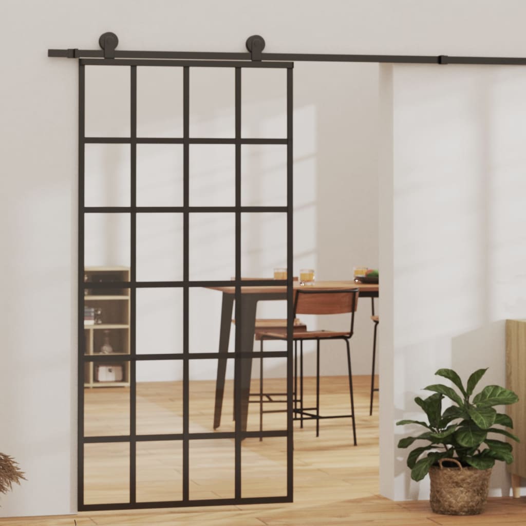 vidaXL Sliding Door ESG Glass and Aluminum 40.2"x80.7" Black-0