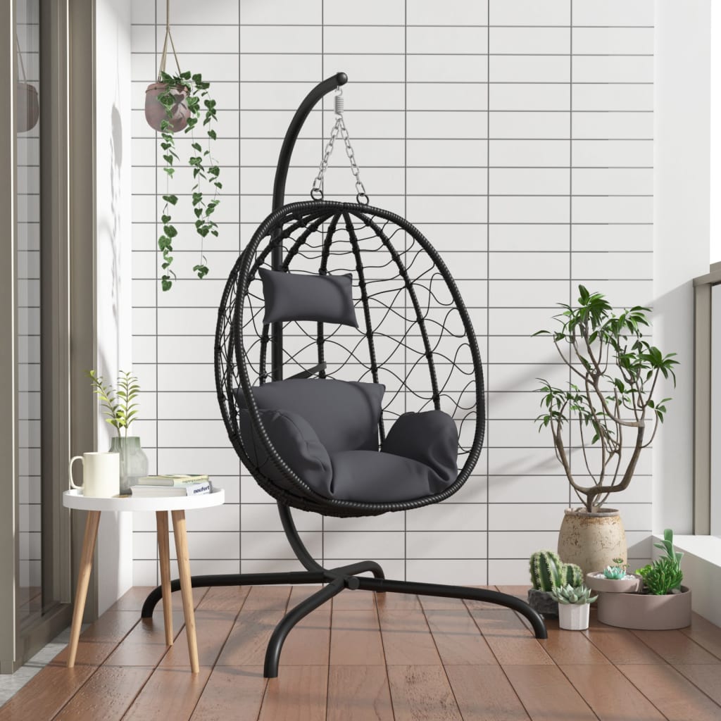 vidaXL Hanging Egg Chair with Cushion Anthracite Poly Rattan&Steel-0