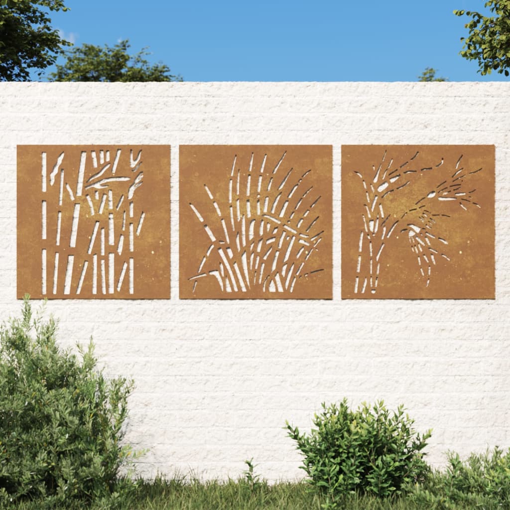 vidaXL Patio Wall Decorations 3 pcs 21.7"x21.7" Corten Steel Grass Design-0