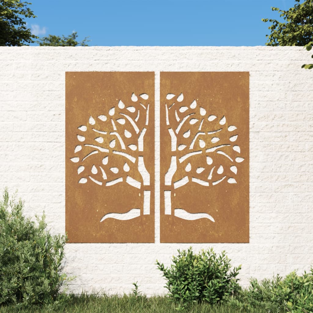 vidaXL Patio Wall Decorations 2 pcs 41.3"x21.7" Corten Steel Tree Design-0