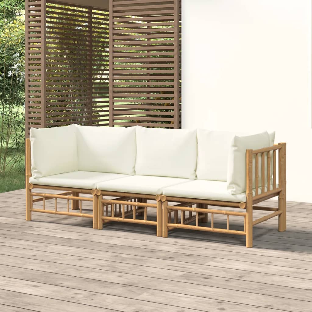 vidaXL 3 Piece Patio Lounge Set with Cream White Cushions Bamboo-0