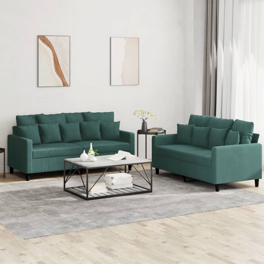 vidaXL 2 Piece Sofa Set with Cushions Dark Green Velvet-0