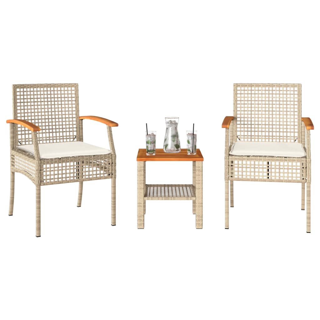 vidaXL 3 Piece Bistro Set with Cushions Beige Poly Rattan Acacia Wood-0