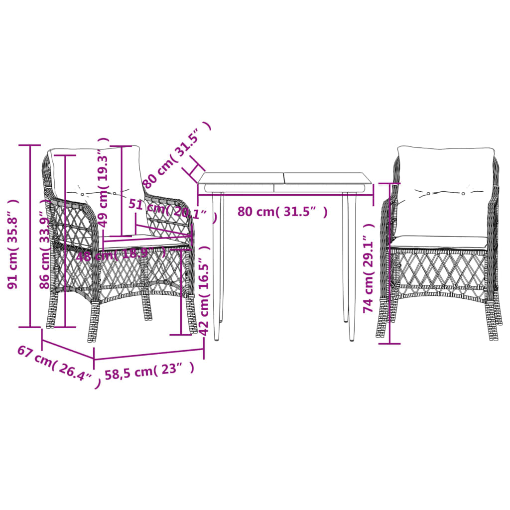 vidaXL 3 Piece Bistro Set with Cushions Black Poly Rattan-3