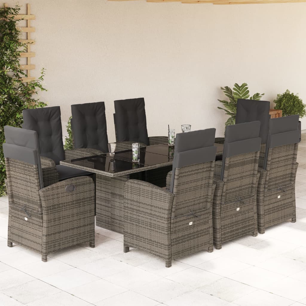 vidaXL 9 Piece Patio Dining Set with Cushions Gray Poly Rattan-0