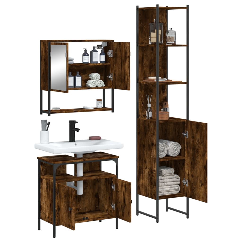 vidaXL 3 Piece Bathroom Furniture Set Smoked Oak Engineered Wood-4